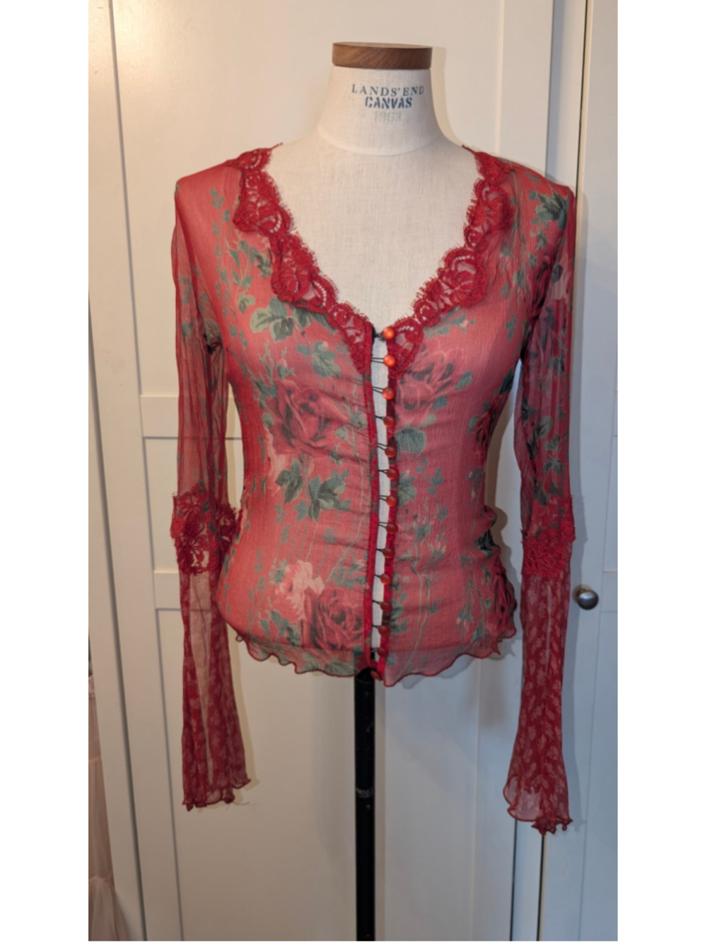 Rare silk Betsey Johnson Floral Lace Trim Button-Down Blouse, Size 10, Red/Green